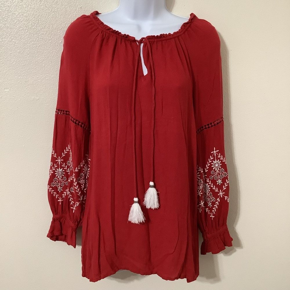 Sweet Magnolia Bohemian Boho‎ Hippie Red Beaded Oversized Peasant Blouse Small